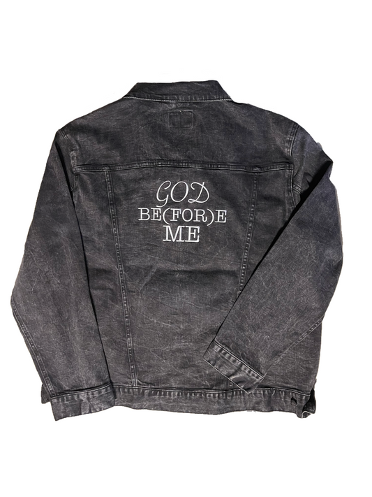 God Be(FOR)e Me Iconic Denim Jacket with Embroidered Lettering