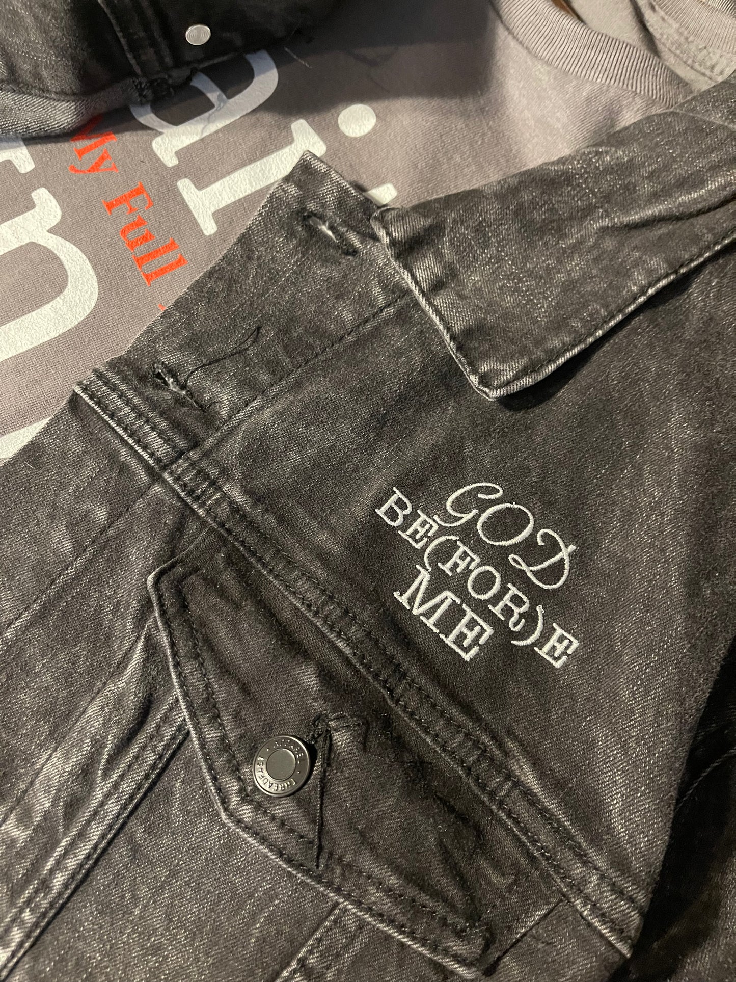 God Be(FOR)e Me Iconic Denim Jacket with Embroidered Lettering