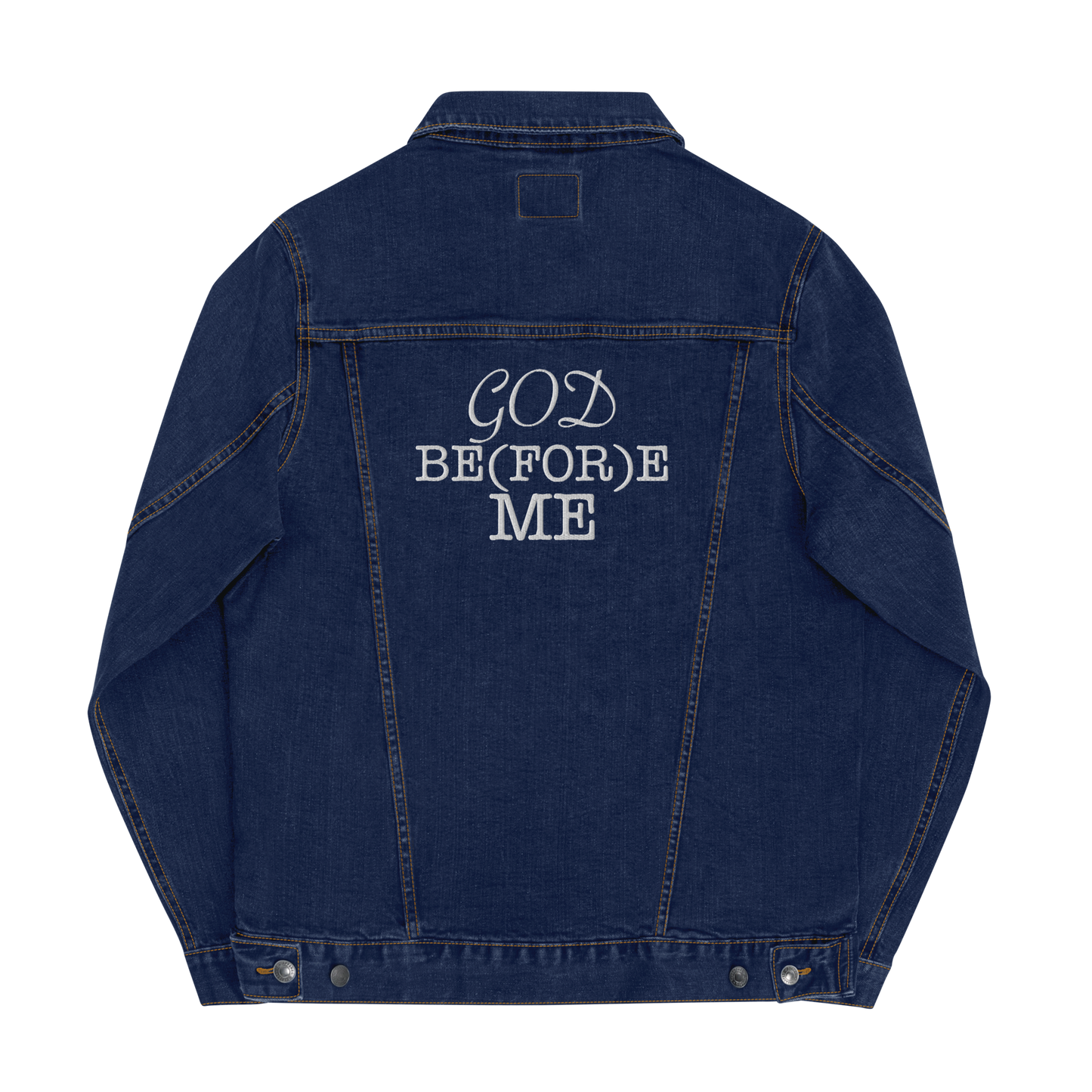 God Be(FOR)e Me Iconic Denim Jacket with Embroidered Lettering